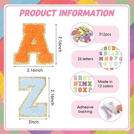 Yunlly 312 Pieces Chenille Letter Patches Self Adhesive A-Z Glitter Embroidered Patches for DIY Crafts, Mobile Phone, Backpacks, Clothing