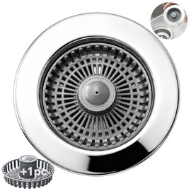 Solid Brass Body 3-in-1 Kitchen Sink Drain Strainer & Stopper, Heavy Duty Pop Up Plug Assembly with 2 Baskets, Anti-Clog Replacement for US Standard 3-1/2 Inch Drains, Rust-Proof Silver
