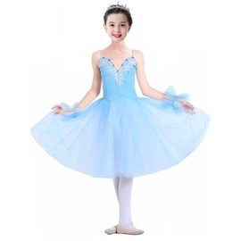 ORIDOOR Girl's Camisole Skirted Leotards Swan Dance Performance Costumes Sequin Lace Ballet Tutu Skirt Dress, 02-blue, 10-11 Years