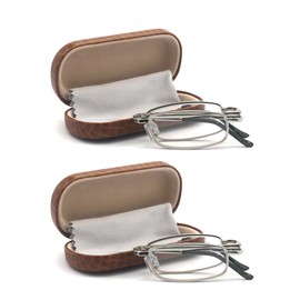 EYE ZOOM 2 Pairs Compact Rectangular Metal Folding Reading Glasses with Hard Case Comfort Fit for Men and Women, Silver Frame, Light Brown Case, +2.00 Strength