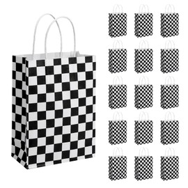 JasperKino 16 Pcs Checkered Racing Treat Bags Race Car Party Favors Bag with Handles Black and White Checkered Racing Flag Candy Bags Goodie Bags for Race Car Themed Birthday Party Supplies