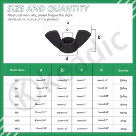 Keadic 110Pcs Nylon Metric Wing Nuts Assortment Set, M3 M4 M5 M6 M8 M10 M12 Hand Twist Tighten Ear Butterfly Nut Wingnuts for Home Building Industry (Black)
