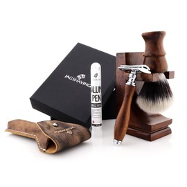 Jag Shaving Shaving Set – Sustainable 4-Piece Wooden Shaving Set – Synthetic Silver Tip Hair Shaving Brush – Double Edge Razor Blades Safety Razor – Razor Stand – Leather Case for Safety Razor