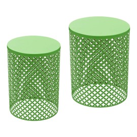 Side Table Set of 2, Iron Side Table 14.6x19.3In & 12.6x16.5In, Metal Accent Table with Openwork Flower Pattern, Cylindrical Freestanding Outdoor End Table for Patio Garden Living Room (Green)