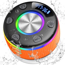 Bluetooth Shower Speaker, Portable Shower Speakers Wireless Bluetooth 5.3 with Time Display, IP7 Waterproof Speakers with RGB Light, Suction Cup, Stereo Pairing, Handsfree for Pool Beach Party, Orange