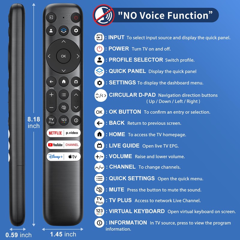 for TCL-Google-TV-Remote Control Replacement,RC813 Compatible with TCL Smart TVs QM8/QM7/S5/S4/S3/Q7/Q6/Q5