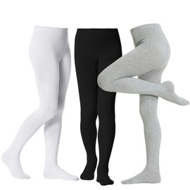 Century Star Baby Tights Toddler For Girls Solid Knit Socks Soft Cotton Infant Leggings Warm Stockings Newborn Pants, 3 Pairs White Black Grey, 10-12 Years