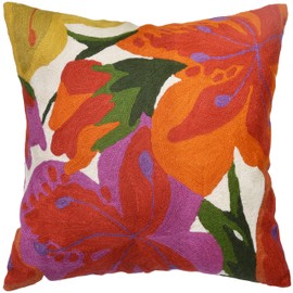 Kashmir Designs Floral Bloom Pillow Cover | Floral Outdoor Pillows | Suzani Accent Pillowcase | Flower Accent Cushions | Floral Chair Cushion | Hand Embroidered Cushion Wool Size - 18x18
