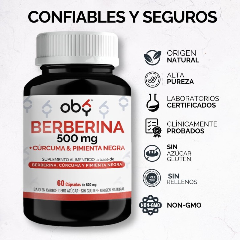 Berberina HCl Pura 60 caps Potenciada con Piperina y Cúrcuma