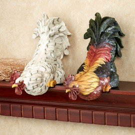 Touch of Class Content Rooster Shelf Sitter Set of Two - Resin - Green, Orange, Yellow, White, Black - Decorative Chanticleer Sculptures for Kitchen, Dining Room, Sideboard