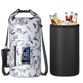 Smasrob 30L Waterproof Dry Bag with 20L Detachable Cooler, Dry Bag Cooler Backpack with Phone Pocket and Bottle Pouch, Suitable for Kayaking, Boating, Camping and Water Activities, Gray Camouflage
