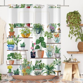 Yanutan No Hook Shower Curtain,Boho Plant Wall Double-Layered Shower Curtain with Snap-in Liner and Weights,Spring Green Plants Botanical Garden Fabric Bath Curtain with See Through Mesh, 71x74in