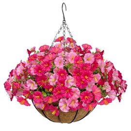 Artificial Hanging Faux Flowers Basket, Fake Silk Petunias Plants Arrangement,for Spring Summer Outdoor Decoration,UV Resistant, Morning Glorias,for Home Garden Decor (Dark&Light Pink)