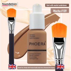 Glamza Set De Base Phoera Con Brocha De Maquillaje - Kit De Base En Crema Mate Con Tono 109 (Moca) Y Aplicador - Corrector De Cobertura Total - Control De Grasa Durante 24 Horas - 30 Ml