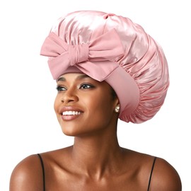 Silk Bonnet for Sleeping Women, Satin Bonnet for Sleeping, Night Sleeping Hair Bonnets, Double Layer Curly Hair Bonnet with Tie(Light Pink)