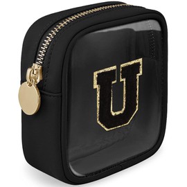 LOFOWN Initial Clear Makeup Bag Small Cosmetic Bag Travel Toiletry Bag Clear Zipper Pouch Purse Organizer Bags for Women, Black, U, Initial Small Makeup Bag