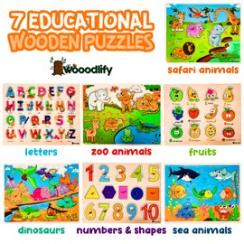 7 Pack Wooden Puzzles for Toddlers 2 3 4 5 Years Old - 7 Colorful Chunky Wood Peg Puzzles for Kids Ages 2-5, Alphabet Shape Numbers Fruits Sea Animals Dinosaur Zoo - Educational Toddler Learning Toys