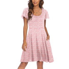 HOTOUCH Women's Ruffle Short Sleeve Mini Swing Casual Dress with Pockets O Neck Summer Floral Dress Pink