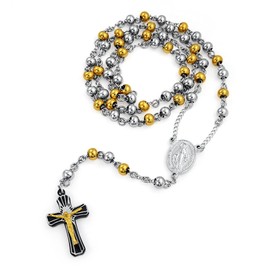 Bling Jewelry Religious Christian Two Tone Holy Mother Virgin Mary Rosary Prayer Round Ball Beaded Link Chain for Men Jesus Crucifix Gold Plated Silver Tone Stainless Steel