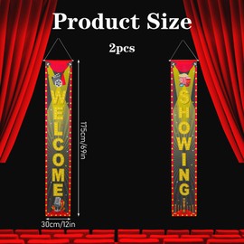 2PCS Movie Night Porch Hanging Banner, Movie Night Decorations, 69x12 Inches Movie-Theater Banner, Movie-Night Theme Party Decorations Supplies for Home Film Backdrop Party (Welcome Showing)