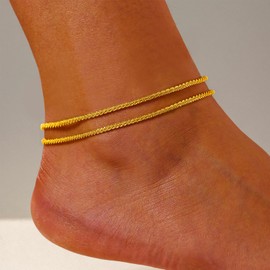 Gold Anklets for Women,14K Gold Plated Anklet Double Layered Adjustable Ankle Bracelets for Women Beaded Rope Chain Beach Waterproof Jewellery Gifts