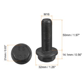 sourcing map Metric M16x50mm Hex Flange Bolts, 2pcs 10.9 Grade Carbon Steel Hexagon Head Screws