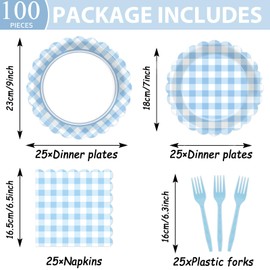 100Pcs Blue Gingham Party Supplies Scalloped Paper Plates and Napkins Blue and White Plaid Disposable Tableware Checkered Party Decorations for Birthday Wedding Picnic BBQ Baby Shower Serves 25