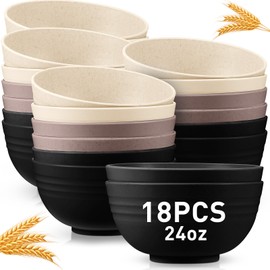 Geosar 18 Pcs Unbreakable Cereal Bowls 24 Oz Microwave and Dishwasher Safe Wheat Straw Fiber Lightweight Bowl for Soup Kitchen Serving Salad Dishes Oatmeal(White, Black, Gray)