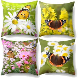 4pcs Spring Flower Butterfly Throw Pillow Covers Spring Summer Pillow Covers 18x18 Outdoor Patio Easter Garden Farmhouse Décor Outside Bench Chair Decorative Cushion Decoration for Bed Couch Sofa