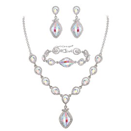 EVER FAITH Jewellery Set Drop Costume Party Jewellery Art Deco Crystal Marquise Teardrop Pendant Necklace, Earrings and Bracelet Set for Prom Clear Silver Tone, Crystal, No Gemstone