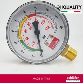 Schläfer 0930168 | Pressure gauge for closed heating systems, display range: 0-10 bar, connection from below, type 1/4 inch, pressure gauge 10 bar, diameter 63 mm, scale in bar and psi housing, class:
