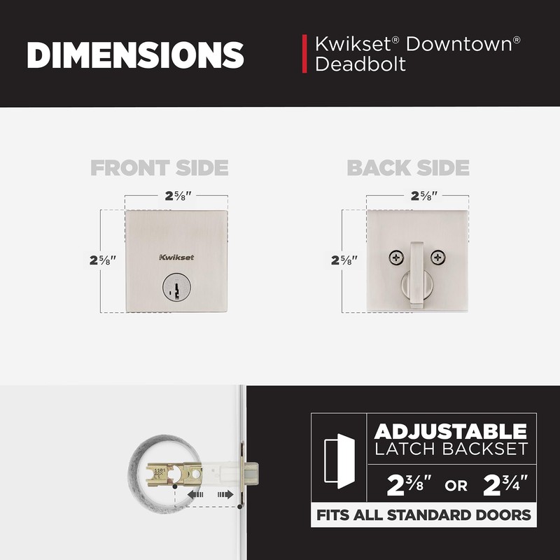 Kwikset Downtown Deadbolt Lock, Satin Nickel Square Exterior Keyed Front