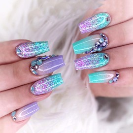 Coffin Press on Nails Short Fake Nails Rhinestones Glitter Sequins Glue on Nails Light Blue and Purple Gradient Design False Nails Press ons Artificial Stick on Nails for Women 30Pcs