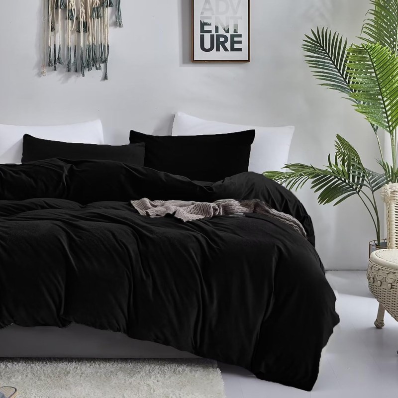 KAREVER Black Velvet Comforter Set - Cal King Flannel Bedding