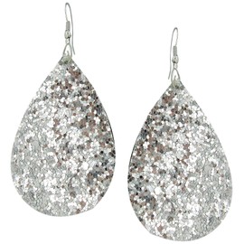 Summerfield Collection Silver-tone Glitter Faux Leather Large Teardrop Dangle Earrings (Silver)