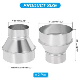 PATIKIL 5 Inch to 3 Inch Round Duct Reducer Increaser Connector, 2 Pcs Galvanized Steel Air Duct Adapter Pipe Fitting for Bathroom Kitchen Inline Ventilation Systems, Silver Tone