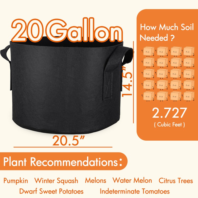 Gardzen 10-Pack 20 Gallon Grow Bags, 300G Thickened Fabric Grow