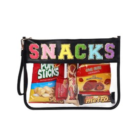 TopTTanBo Chenille Letter Clear Bag Purse Multi-purpose Transparent Waterproof Snacks Makeup Tote Bag with Wrist Strap (Small black-SNACKS)