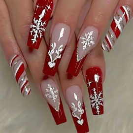 Christmas Red French Tip Press on Nails Long Square Coffin Fake Nails with Cute Elk Snowflake Design Gold Glitter False Nails Xmas Winter Glue on Nails Artificial Stick on Nails for Women Girl 24Pcs