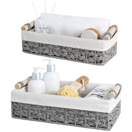 StorageWorks Storage Basket for Organizing, Small Wicker Baskets with Natural Fiber Liner, Toilet Paper Storage Basket for Countertop, Toilet Tank Top, Grey, Set of 2