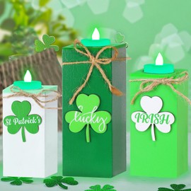 3 Pack St. Patrick's Day Tea Light Candles Wooden Clover Candlesticks Holders with Shamrock Design Battery Operated Flameless Candles for St. Patricks Day Decorations Home Table Centerpiece Decor