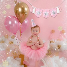 Winter Onederland High Chair Banner - Pink Snowflake 1st Birthday Decoration Set, Felt Snowflake Tassel Garland and Snowflake 1st Birthday Hat, Winter Onederland 1st Birthday Girl Decorations