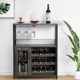 IDEALHOUSE 3-Tier Wine Bar Cabinet with Detachable Wine Rack and Drawer, Industrial Sideboard and Buffet Cabinet with Glass Holder and Mesh Door, Dark Wood