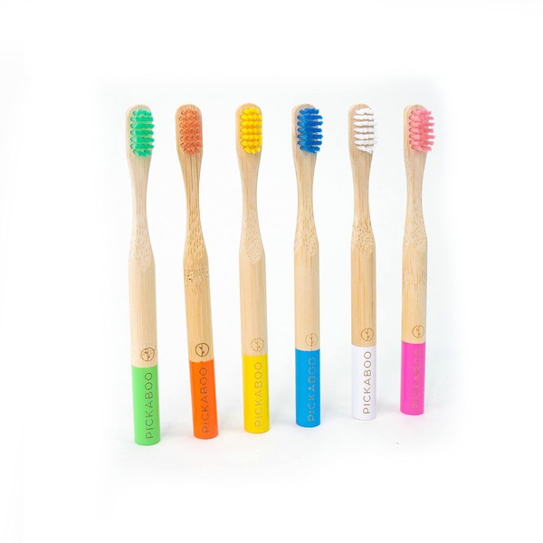 PICKABOO Bamboo Toothbrushes for Kids, Set of 6, Biodegradable, Medium