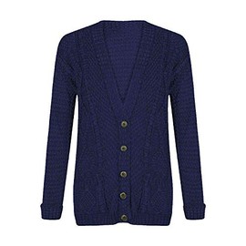 LUXE DIVA New Womens Everyday Long Sleeve Button Top Ladies Chunky Aran Cable Knit Grandad Cardigan UK Size 8-26 Navy