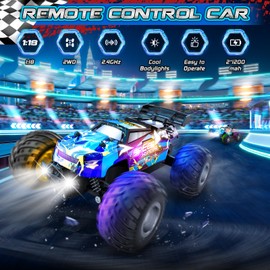 Rcjoyou Remote Control Car, 2WD Off-Road Rc Truck, 20 KM/H All-Terrain RC Cars with Headlights & Body Lights, 2.4GHz, 2 Batteries, Remote Control Car for Boys 4-7 8-12, Gift Toys for Boys Girls