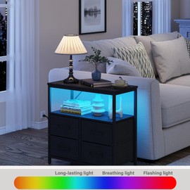 TUTOTAK LED Night Stand with Charging Station, Large Nightstand with USB and Type-C Port, Bedside Table with Cloth Drawers, End Table for Livingroom, Bedroom, Black TB01BK081L