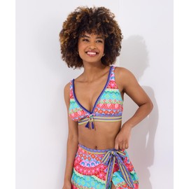 Joe Browns Women's Recycled Content Patchwork Tassel Trim Bikini Top, Blue Multi, 14