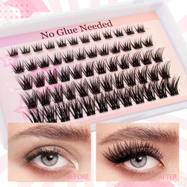Self Adhesive Lash Clusters Kit Flu-ffy 8-16mm No Glue Lashes Press On Lashes, 60 Pcs Glueless DIY Eyelash Extensions Kit Pre Bonded Lash Clusters with Eyelash Curler and Lash Tweezers(No Glue FD22)