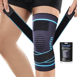 Lexniush Knee Support for Men/Women, Compression Knee Support with Adjustable for Arthritis, Meniscus Tear, ACL, Knee Pain, Knee Braces, Right / Left Bandage Knee for Running, Sports, Grey Blue, XL